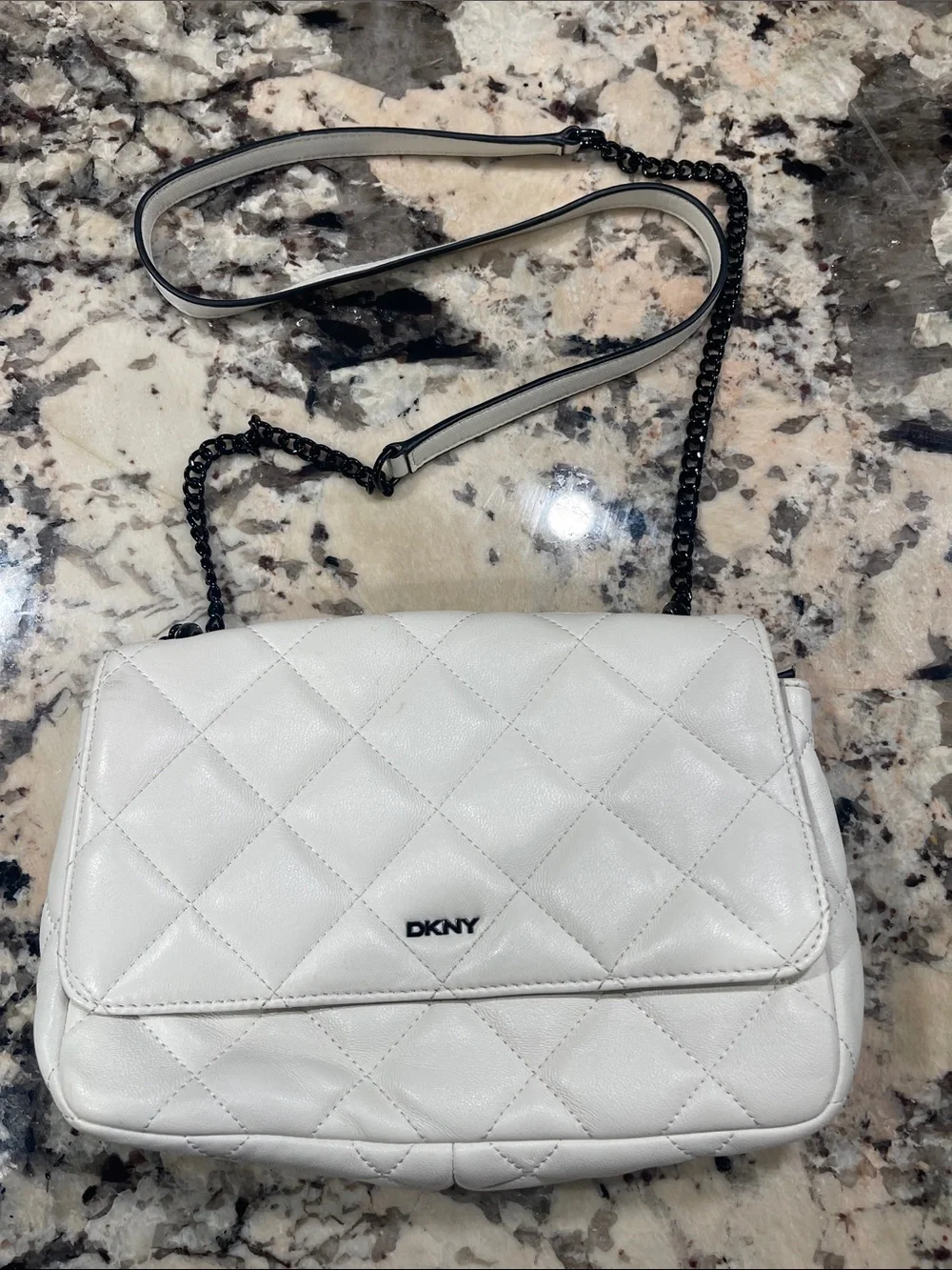 DKNY White Quilted Leather Crossbody with Black Chain Strap